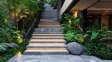 Illuminated stone steps ascent, greenery; residential architecture background
