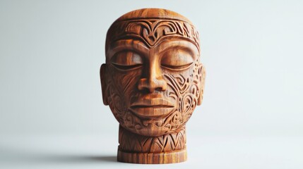 An artistic wooden sculpture head with intricate carvings, positioned on a plain white background to highlight its craftsmanship