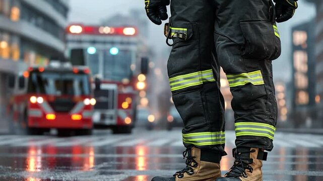 Firefighter standing in the rain on a city street with emergency vehicles in the background