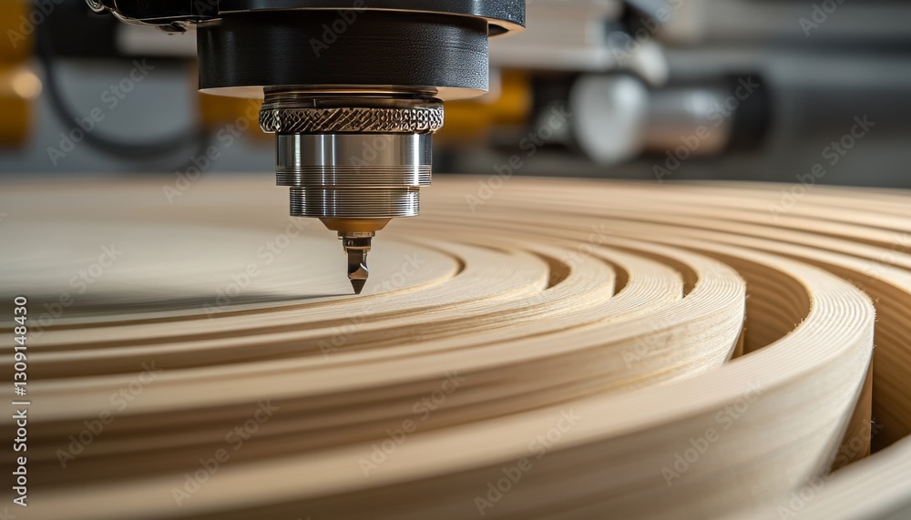 Poster cnc router creating intricate patterns in plywood, precision woodworking in modern carpentry
