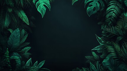 Dark Green Tropical Leaves Frame on Black Background