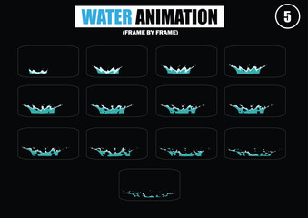 Dripping, waterfall, wave water animation. Cartoon liquid water splashes, clean aqua splatter animation frames flat vector illustration set. Water splash sprite sheet