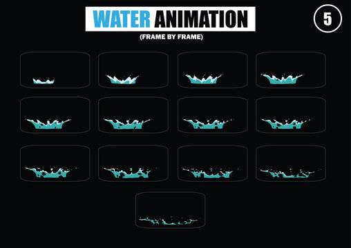 Dripping, waterfall, wave water animation. Cartoon liquid water splashes, clean aqua splatter animation frames flat vector illustration set. Water splash sprite sheet
