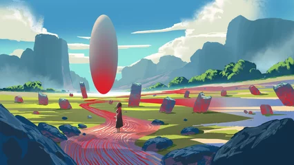 Fototapete A lone woman stands in a surreal, colorful landscape, gazing at a massive floating oval shape surrounded by glowing stones and mystical energy, digital art style, illustration painting © grandfailure