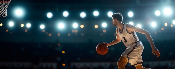 A basketball player dribbles the ball on a brightly lit court