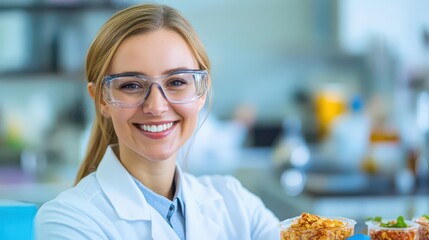A food scientist smiling while analyzing food samples in a modern lab