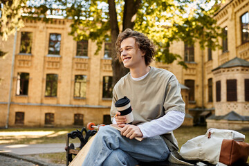 Obraz premium Young stylish man enjoying coffee and sunlight in a lively university courtyard