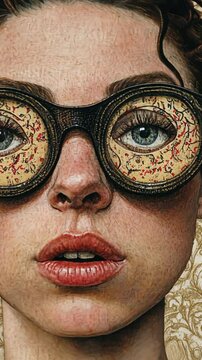 Unique close-up of a woman with striking glasses featuring colorful patterns in a vintage setting