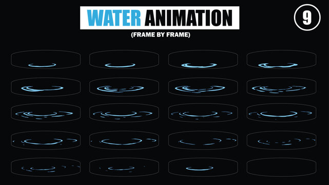 Dripping, waterfall, wave water animation. Cartoon liquid water splashes, clean aqua splatter animation frames flat vector illustration set. Water splash sprite sheet