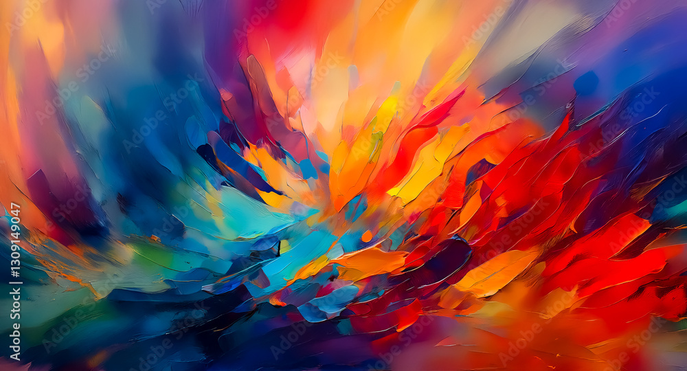 Poster Vibrant abstract painting featuring dynamic brushstrokes and a rich mix of colors that create a sense of energy and movement.
