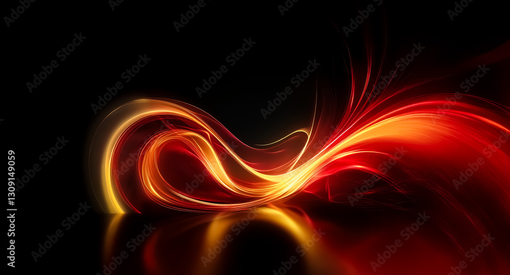 Poster an abstract light painting featuring dynamic, flowing curves in vibrant shades of red and orange on 