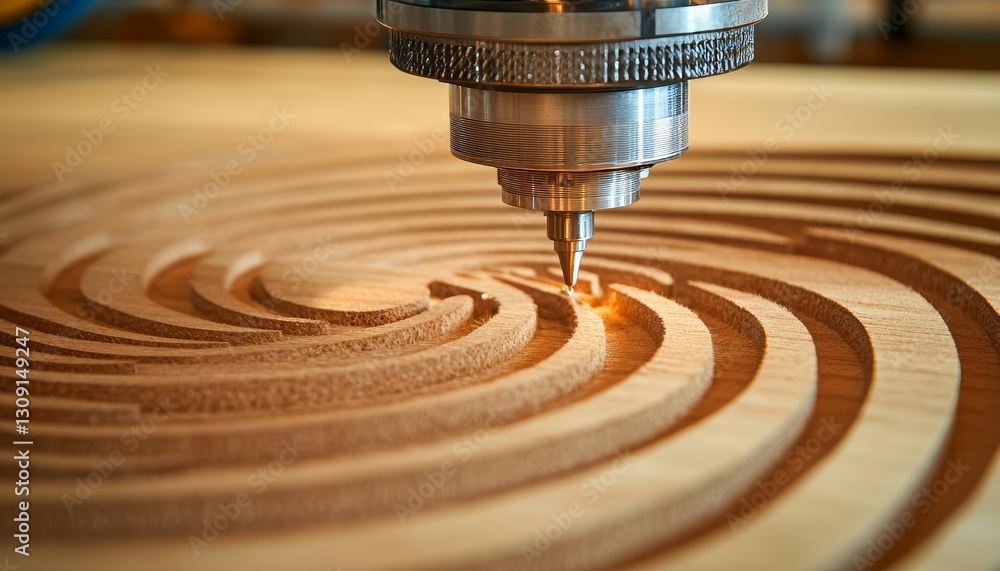Poster cnc router in action, precisely carving a detailed spiral pattern into a plank of light wood