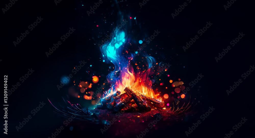 Leinwandbilder a vibrant fire blazes against a dark backdrop, showcasing a mesmerizing blend of cool blue and warm 