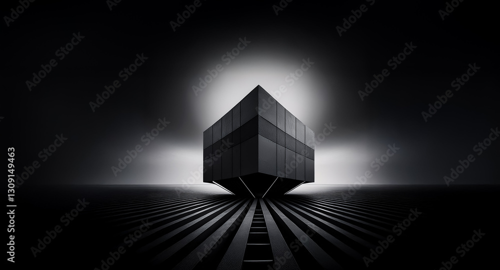 Aufkleber dark geometric cube on a point, illuminated by a bright halo. minimalist monochrome composition with
