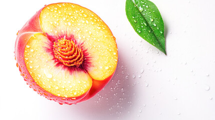 Fresh juicy peach half with water droplets and green leaf on white background