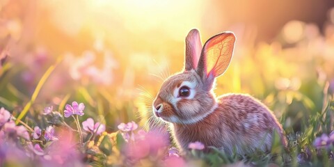 Obraz premium Cute rabbit in a field of flowers, warm pastel bokeh behind