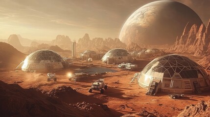 A futuristic Mars colony with dome-shaped habitats, robotic explorers, and astronauts in advanced space suits. The red Martian landscape stretches into the distance, with a massive planet Earth visibl