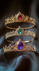 Three Gold Tiaras Adorned With Gemstones