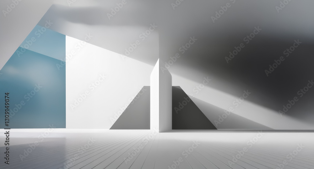 Aufkleber abstract geometric shapes create a minimalist interior space with white and grey tones, accented by 