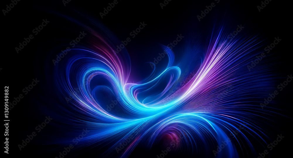 Poster abstract depiction of luminous, swirling light streams in vivid blue and purple hues against a stark