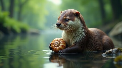 Fototapeta premium A Curious Otter in a Serene Forest Stream, Gently Holding a Spiral Shell
