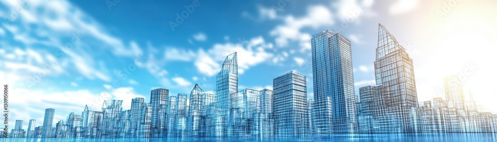 Poster A futuristic cityscape rendered in digital wireframes, showcasing the integration of Building Information Modelling BIM technologies