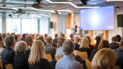 Business conference with audience listening to a speaker