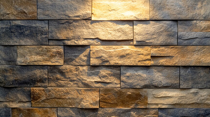 Rustic stone wall with natural textures and patterns illuminated by warm light