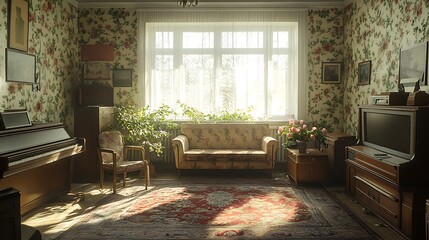 Interior of a living room with furniture and bright window, use as stock photo