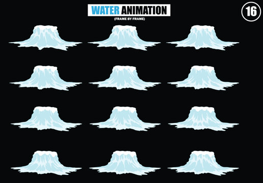 Dripping, waterfall, wave water animation. Cartoon liquid water splashes, clean aqua splatter animation frames flat vector illustration set. Water splash sprite sheet