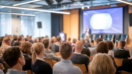Business conference with audience listening to a speaker