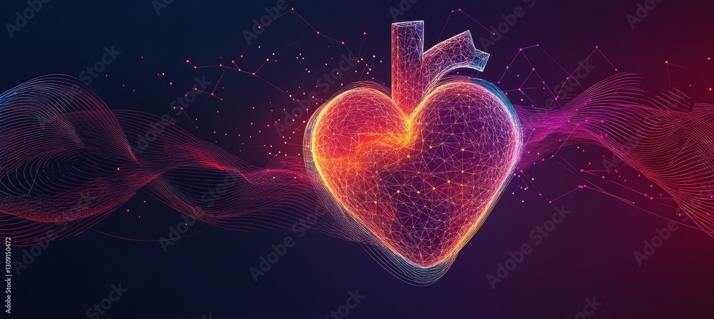 Poster geometric human heart with gradient color and abstract flowing wave lines on dark background