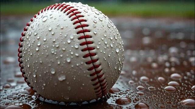 Close-Up of Baseball with Water Droplets on Wet Surface - Iconic Sports Equipment video concept
