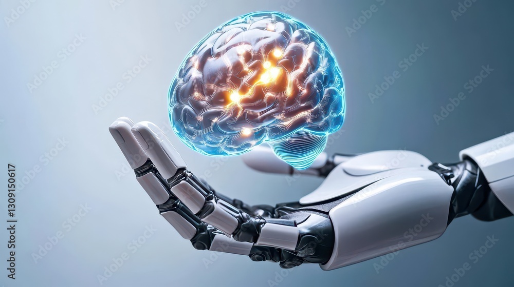 Poster a futuristic robot hand holding a glowing holographic brain to represent ai and innovation