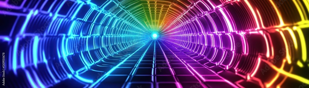 Poster A futuristic rainbow pattern with neon lights and glowing shapes in a vibrant colorful scheme that seems to pulse and glow in the dark