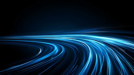 Abstract Blue Light Trails Over Dark Background Representing Digital Data Flow and Modern Technology