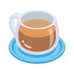 A vibrant icon of a glass coffee cup filled with coffee, resting on a matching saucer.