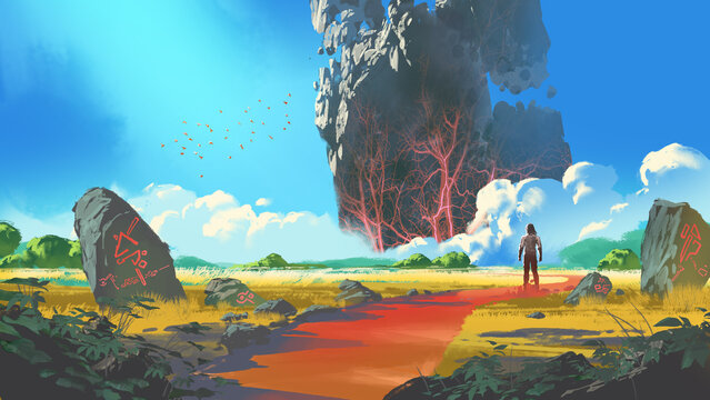 Fototapeta A traveler gazes at a massive floating rock formation with glowing red roots, surrounded by ancient rune-carved stones in a mystical landscape, digital art style, illustration painting