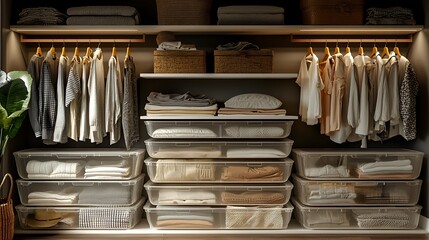 Organized closet with clothes and storage bins, well-lit, modern interior design
