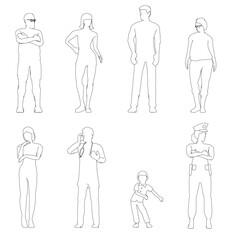 Group of people are standing in a line, with one person holding a cell phone. Scene is casual and relaxed, as the people are not engaged in any particular activity. Child, doctor, policeman