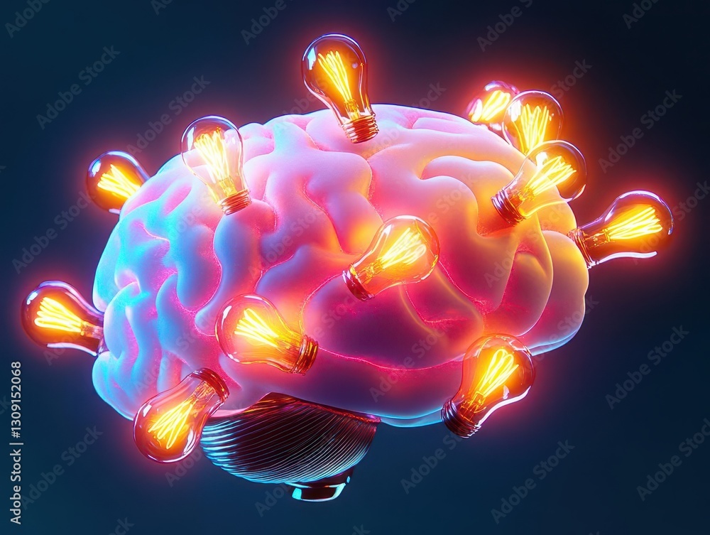 Poster A glowing brain with light bulbs floating around, each symbolizing a new idea, vibrant and dynamic Generative AI
