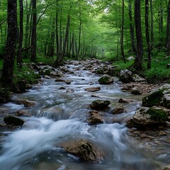Obraz premium Stream Flows Through Lush Green Forest Scene