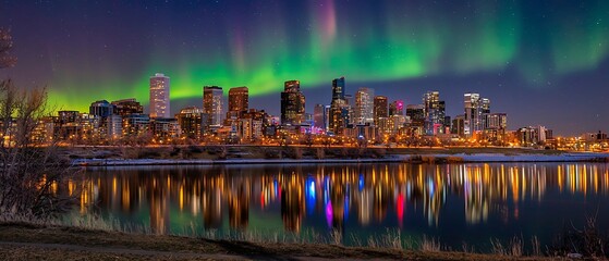 Fototapeta premium Calgary skyline reflecting in the Bow River under vibrant aurora borealis
