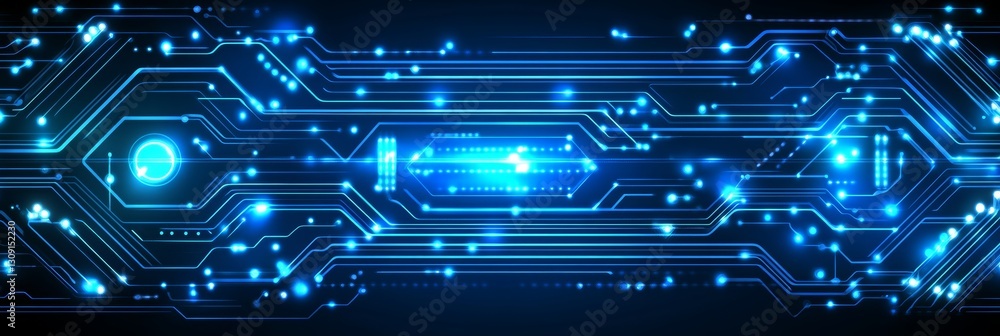 Poster blue technology background with digital circuit in lines, connected dots and triangular shapes