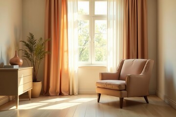Relaxing Sunlight Illuminates a Calm Living Room with a Comfortable Armchair and Natural Decor