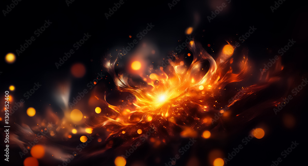 Aufkleber abstract fiery burst with vibrant orange and yellow hues against a dark backdrop, bokeh lights add d