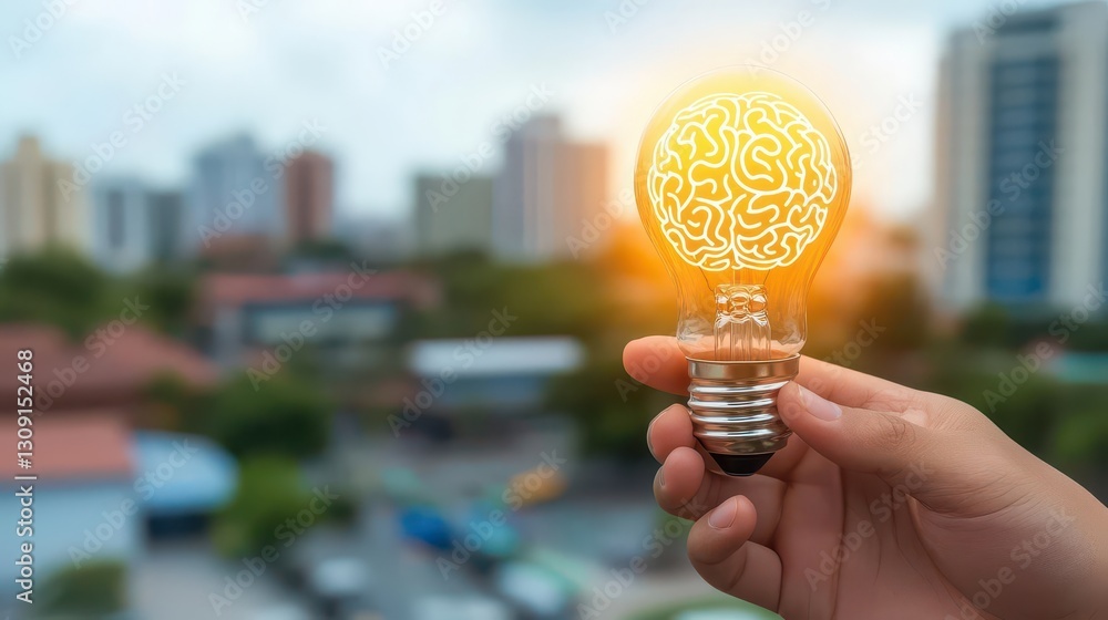 Poster a glowing light bulb with a brain pattern held by a person, against a blurred cityscape emphasizing 