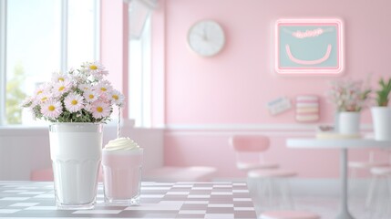 Bright pink cafe interior with flowers and milkshake, evoking a cheerful and nostalgic vibe.