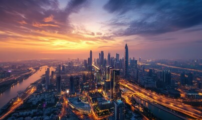 Futuristic Urban Landscape: Aerial View of Smart City with Integrated Technology and Data Visualization, Urban Future Concept