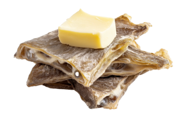 Icelandic harðfiskur dried fish with butter isolated on transparent white background